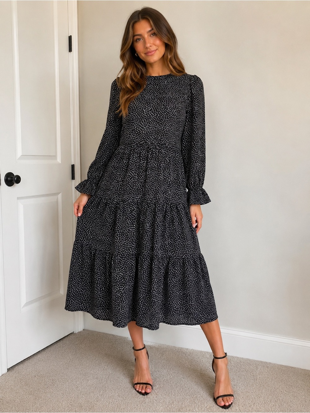 MELLODAY Black Speckled Long Sleeve Tiered Midi Dress